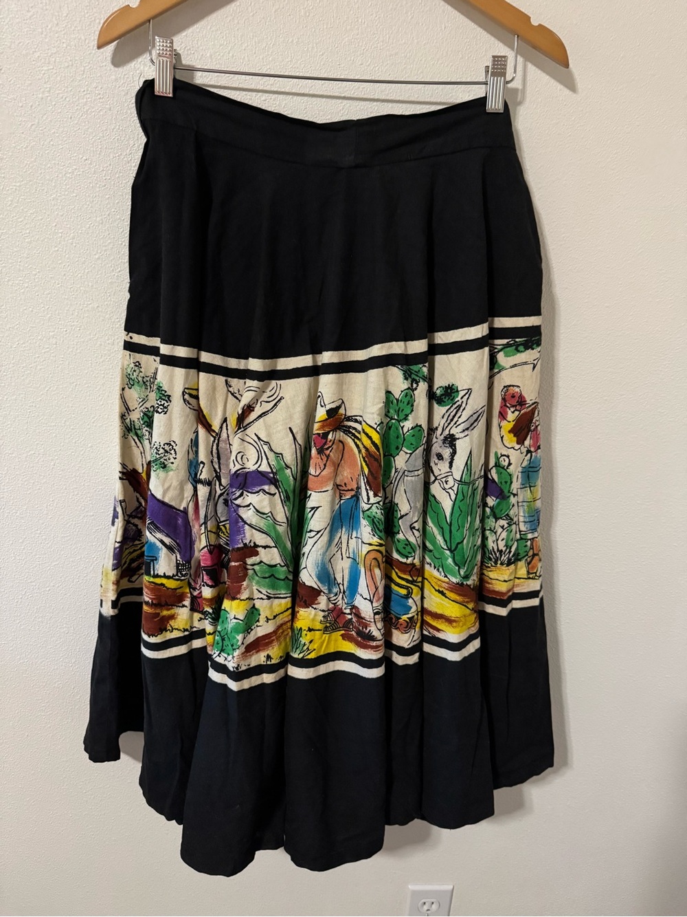 Vintage 50s Faldas Kent Hand Painted Circle Skirt Black Side Tie Sombrero-M
